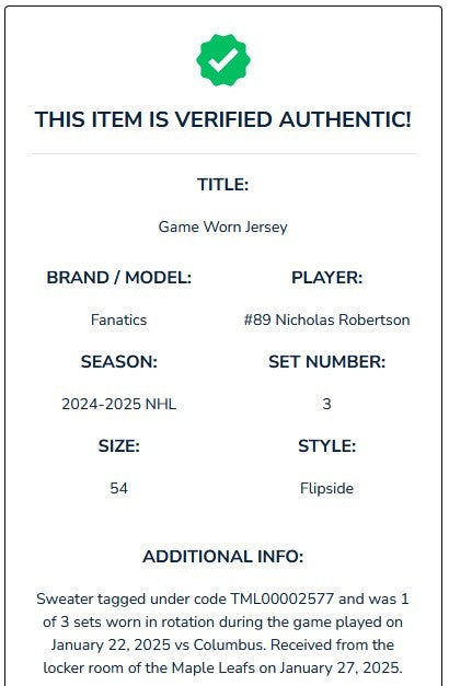 Game Worn Fanatics Toronto Maple Leafs Flipside Next Gen Hockey Jersey ROBERTSON