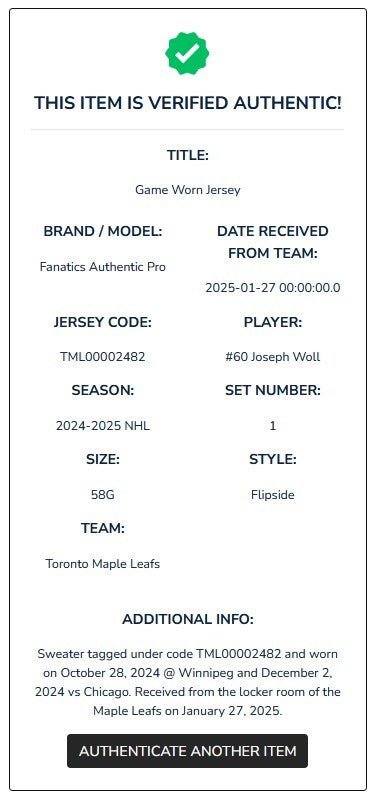 Adidas Toronto Maple Leafs Flipside Next Gen Hockey Game Worn Jersey WOLL Goalie
