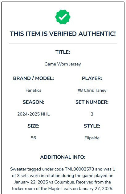 Game Worn Fanatics Toronto Maple Leafs Flipside Next Gen Hockey Jersey TANEV