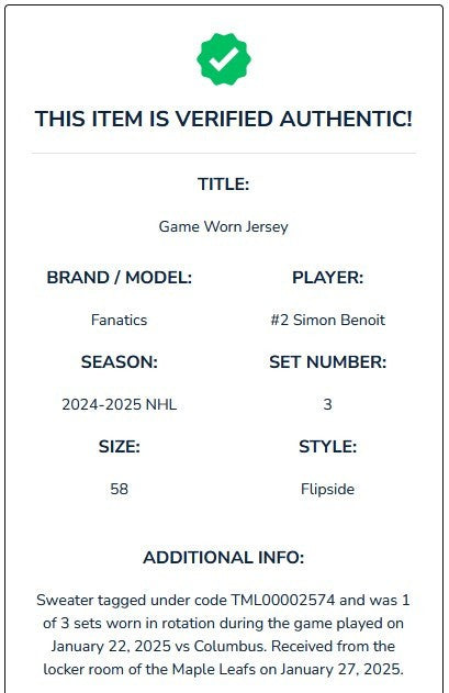 Game Worn Fanatics Toronto Maple Leafs Flipside Next Gen Hockey Jersey BENOIT