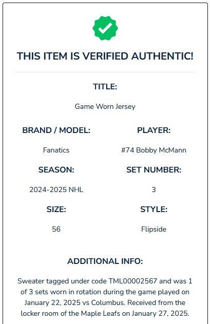 Game Worn Fanatics Toronto Maple Leafs Flipside Next Gen Hockey Jersey McMANN