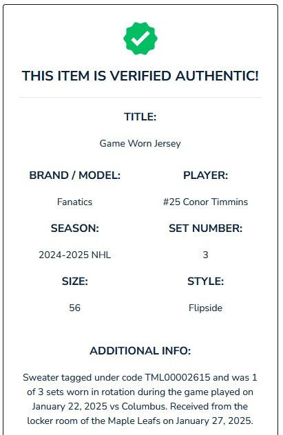 Game Worn Fanatics Toronto Maple Leafs Flipside Next Gen Hockey Jersey TIMMINS