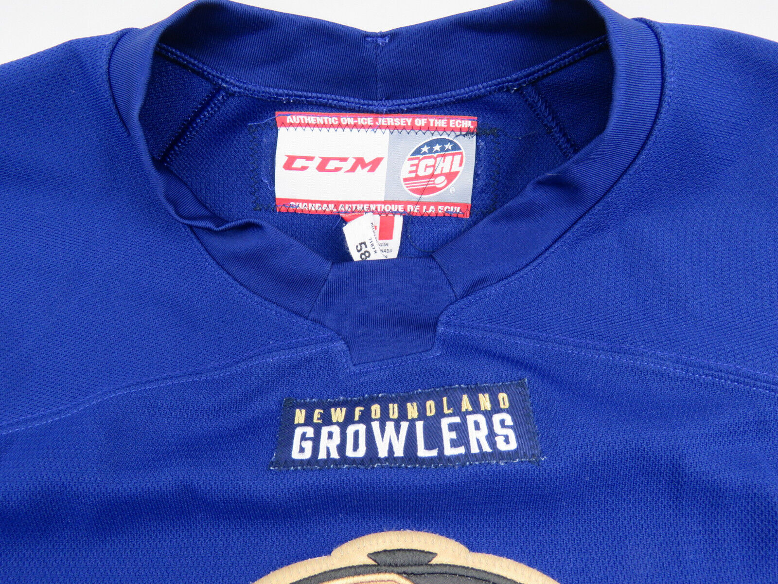 CCM Newfoundland Growlers ECHL Pro Stock Practice Worn Hockey Jersey 58 Blue