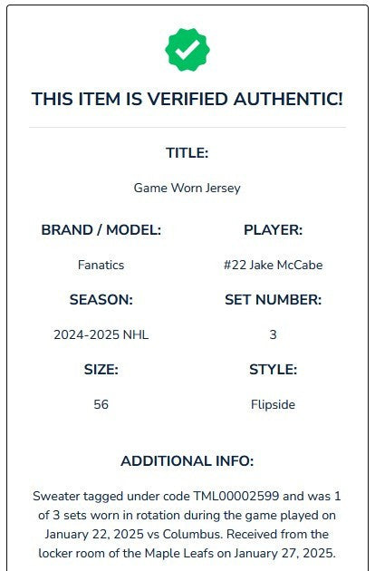 Game Worn Fanatics Toronto Maple Leafs Flipside Next Gen Hockey Jersey McCABE