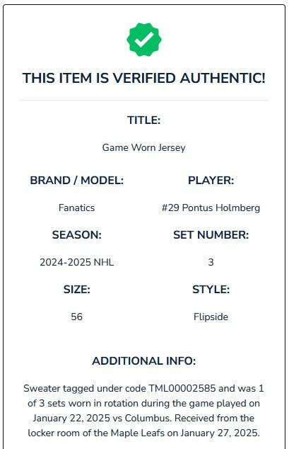 Game Worn Fanatics Toronto Maple Leafs Flipside Next Gen Hockey Jersey HOLMBERG