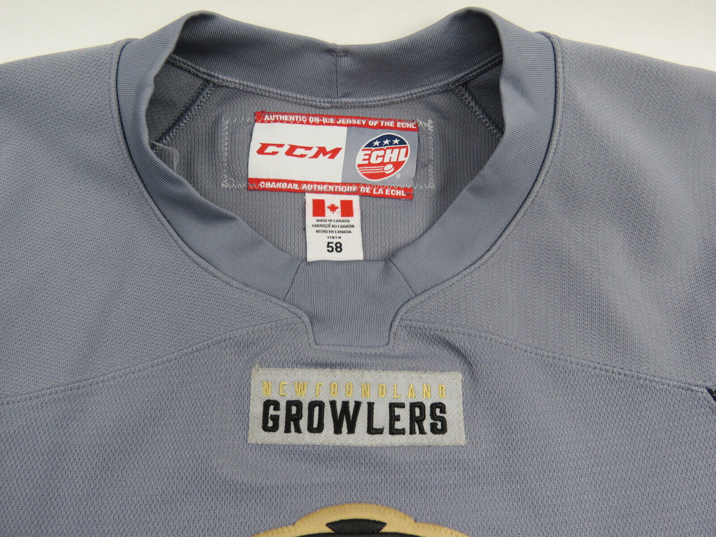 CCM Newfoundland Growlers ECHL Pro Stock Practice Worn Hockey Jersey 58 Gray