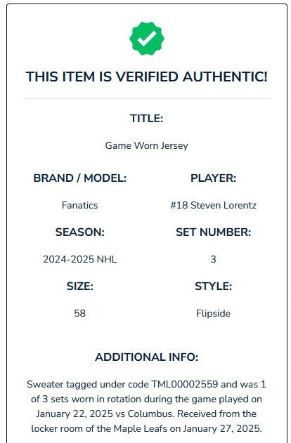 Game Worn Fanatics Toronto Maple Leafs Flipside Next Gen Hockey Jersey LORENTZ